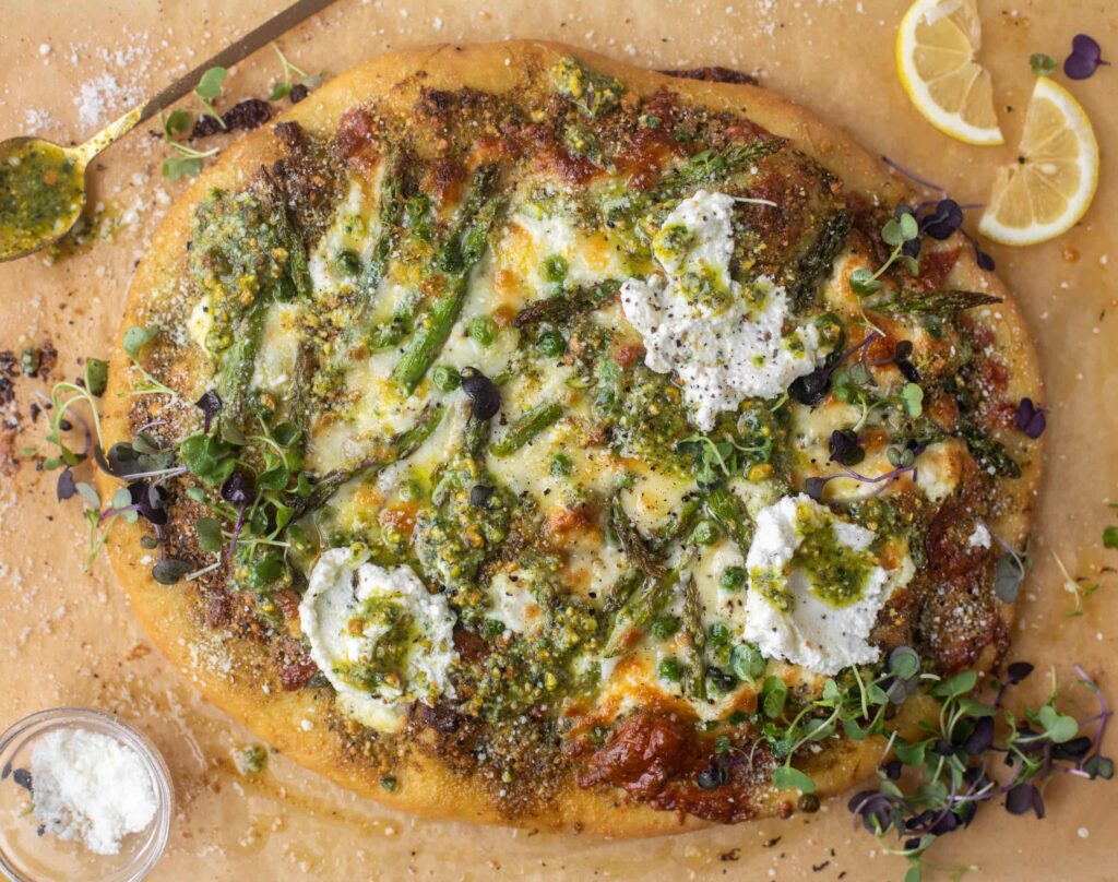 Pistachio pesto used as sauce on pizza