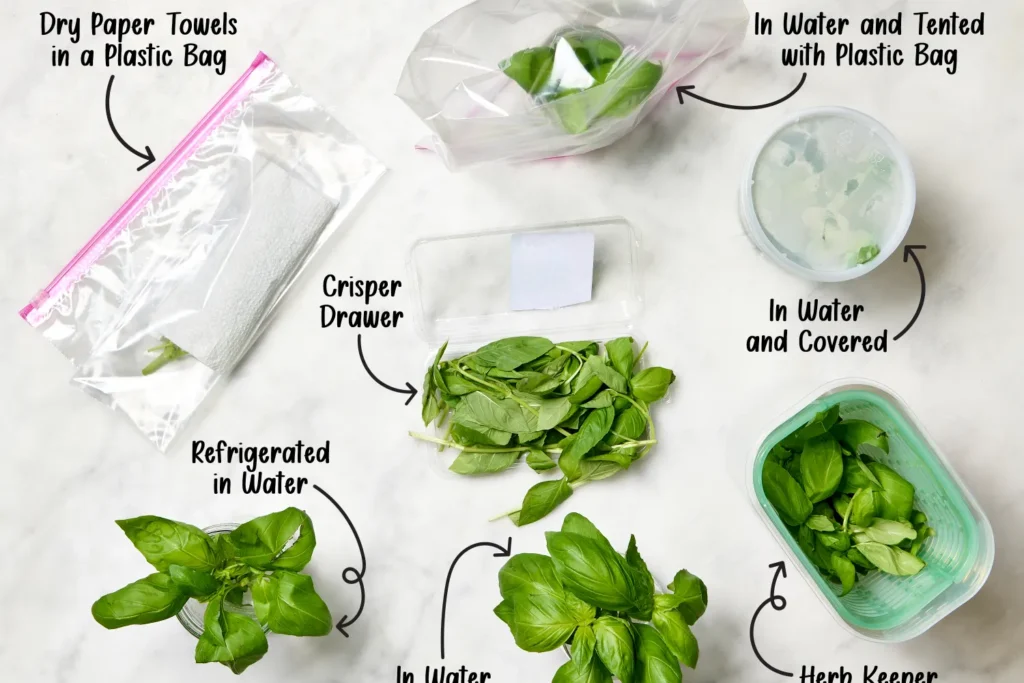 wrap the basil leaves in a damp paper towel and place them in a plastic bag