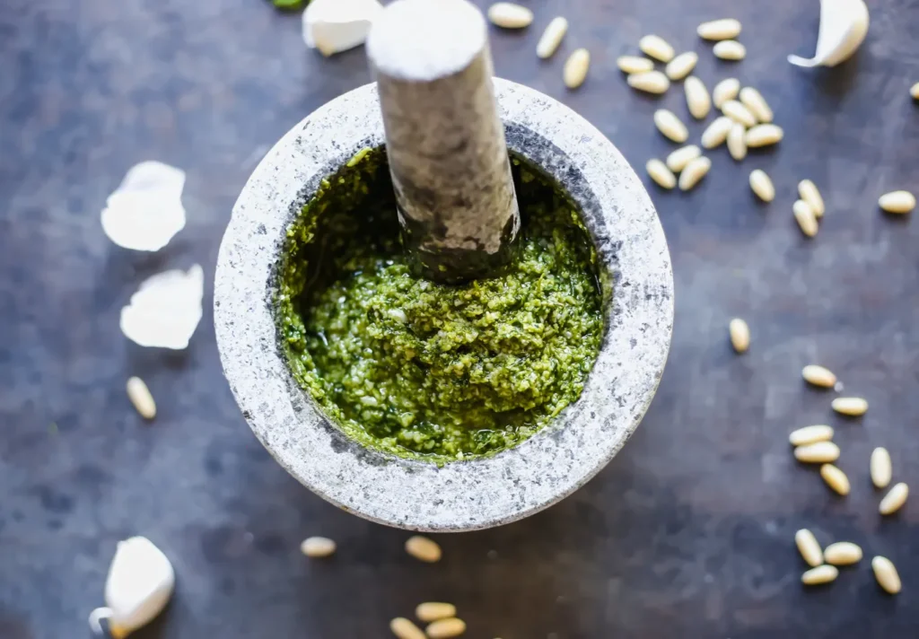 Traditional Mortar and Pestle in making pesto