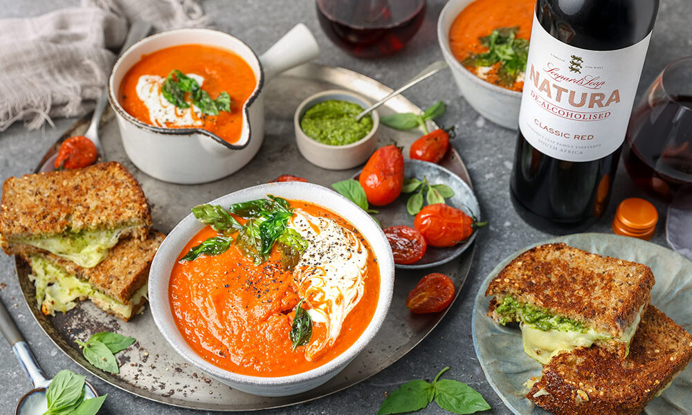 Serving Tomato basil, roasted red pepper, or creamy potato soup with Pesto Grilled Cheese